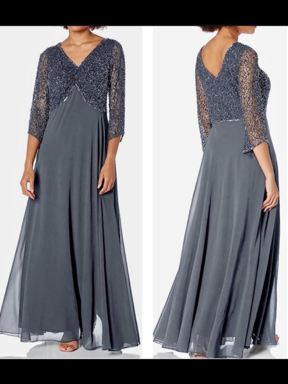 JKARA Elegan  Beaded Long Sleeve Evening Dress in Charcoal Gray